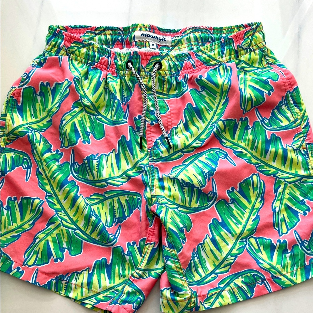 Pink and Green Swim Trunks with Mesh Lining and Palm Print Swim Shorts Size M